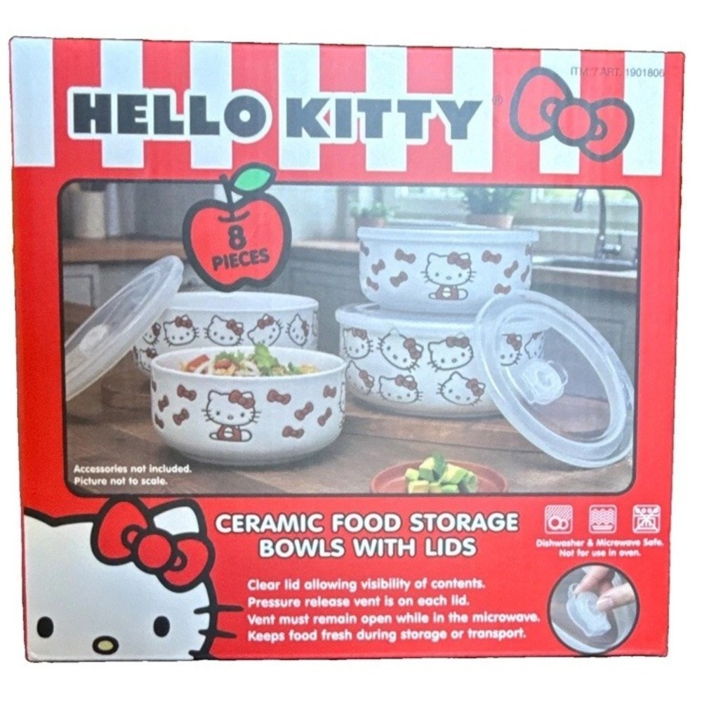 Hello Kitty 8pc Ceramic Bowl Set w/ Vented Lids 8oz Microwave Dishwasher Safe